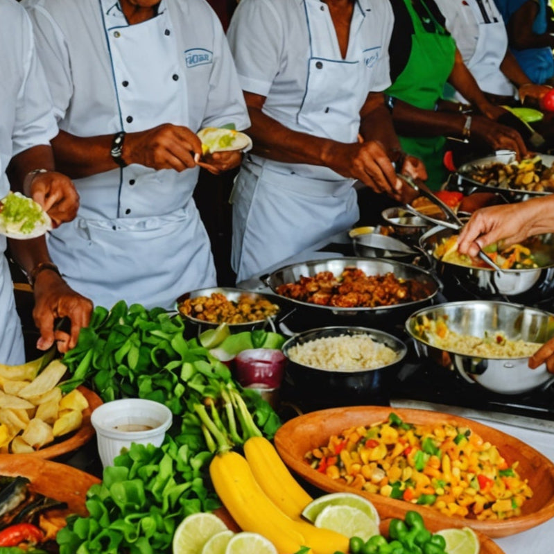 Chef traiteur local : Petit-déjeuner Didiko 🍲 plateau ou box avec fruits/crudités + viennoiseries/petits-fours + racines/légumes pays + boissons fraiches (eau & jus locaux) + boissons chaudes (café & thé) | couverts jetables