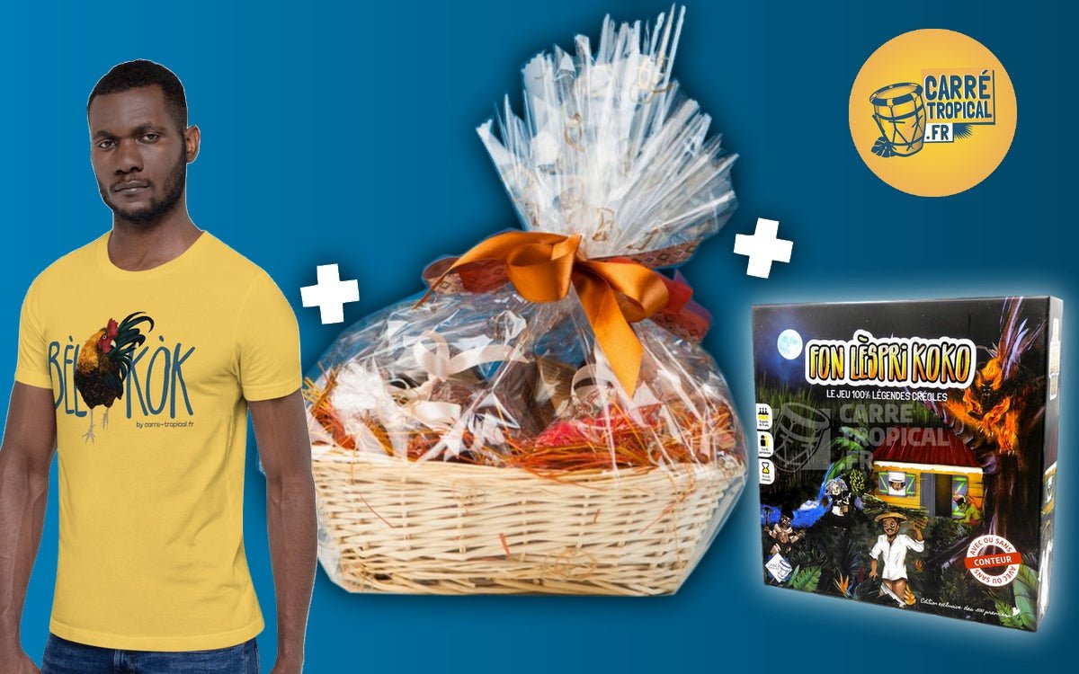 Cagnotte en ligne 💰 Soutenez Damien & les créateurs culturels - Carré TropicalWOULÉ JÉNÈS = panier tropical surprise + t-shirt BèlKòk + boîte FonLèspriKoko | Livraison offerteJeux