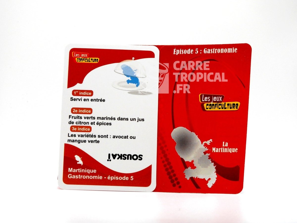 QUIZ MARTINIQUE đ„ Le jeu de cartes conficulture | par CĂ©lio Mirande - CarrĂ© TropicalQUIZ MARTINIQUE TRIO #1 đ„ Pack (Gastronomie, Tourisme, Tradition) Le jeu de cartes conficulture | par CĂ©lio MirandeJeux de cartes