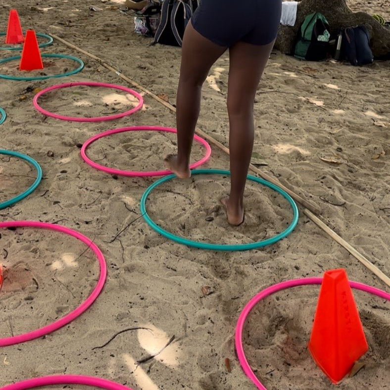 LA TRAVERSÉE TROPICAL ❌ Les joueurs doivent traverser les cerceaux en évitant les pièges et en choisissant les "bons" cerceaux en ayant les yeux bandés. Les joueurs ont 5 secondes pour mémoriser le parcours - Carré Tropical