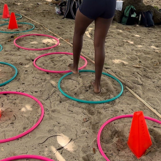 LA TRAVERSÉE TROPICAL ❌ Les joueurs doivent traverser les cerceaux en évitant les pièges et en choisissant les "bons" cerceaux en ayant les yeux bandés. Les joueurs ont 5 secondes pour mémoriser le parcours - Carré Tropical